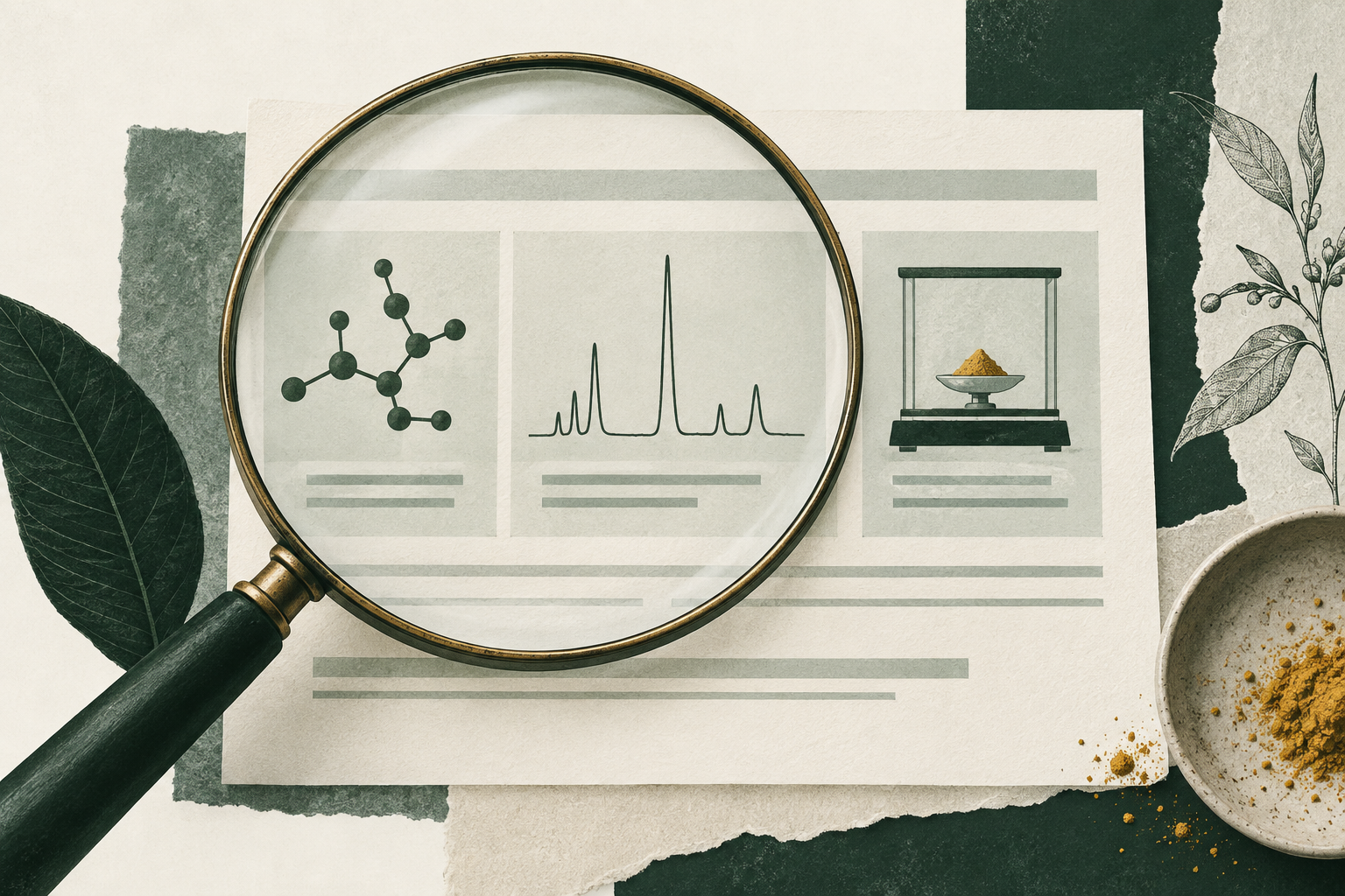 Editorial illustration of a magnifying glass over a report with separate molecular, chromatographic, and measurement symbols.