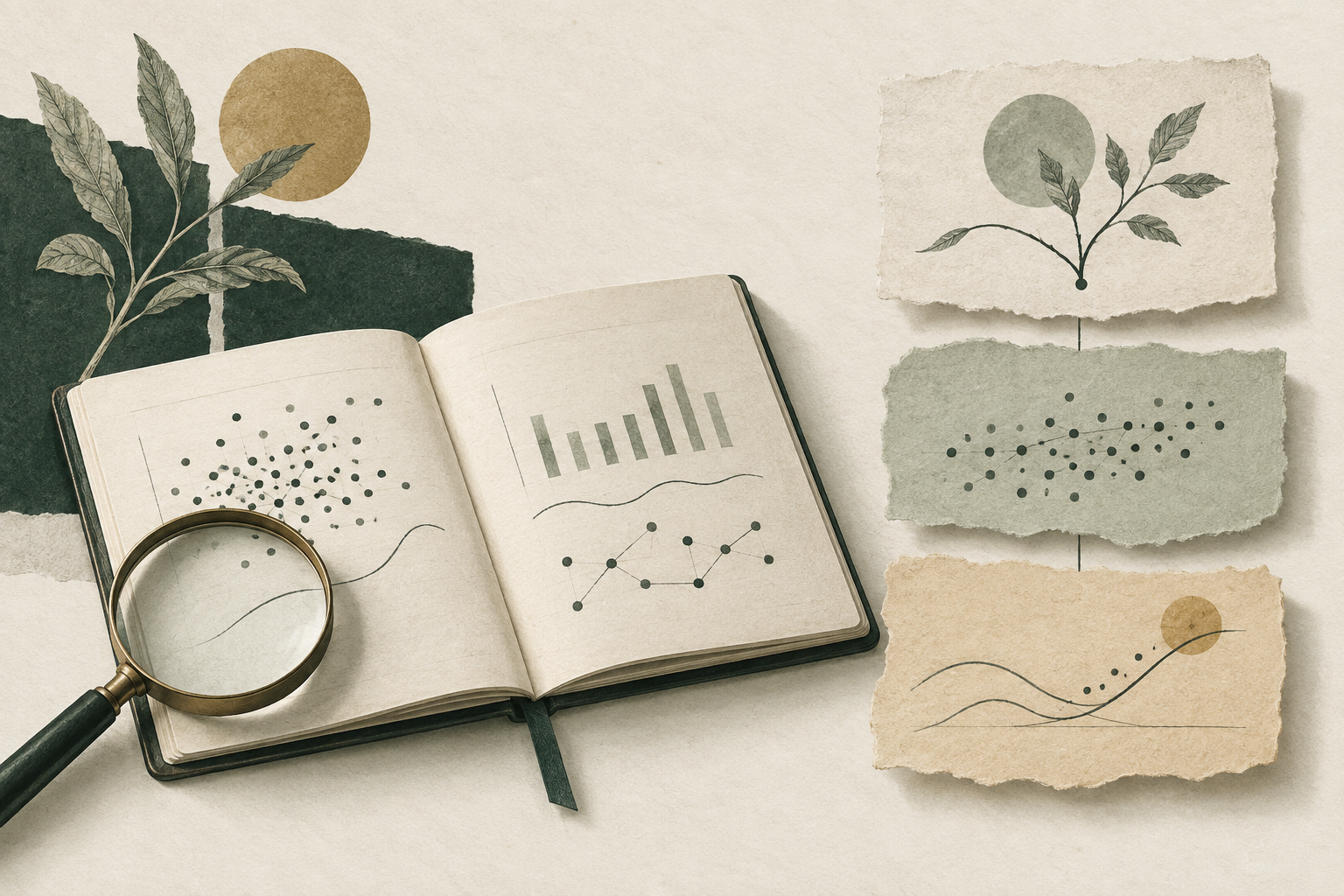 Editorial illustration of a research notebook and magnifying glass beside abstract layers of observations.