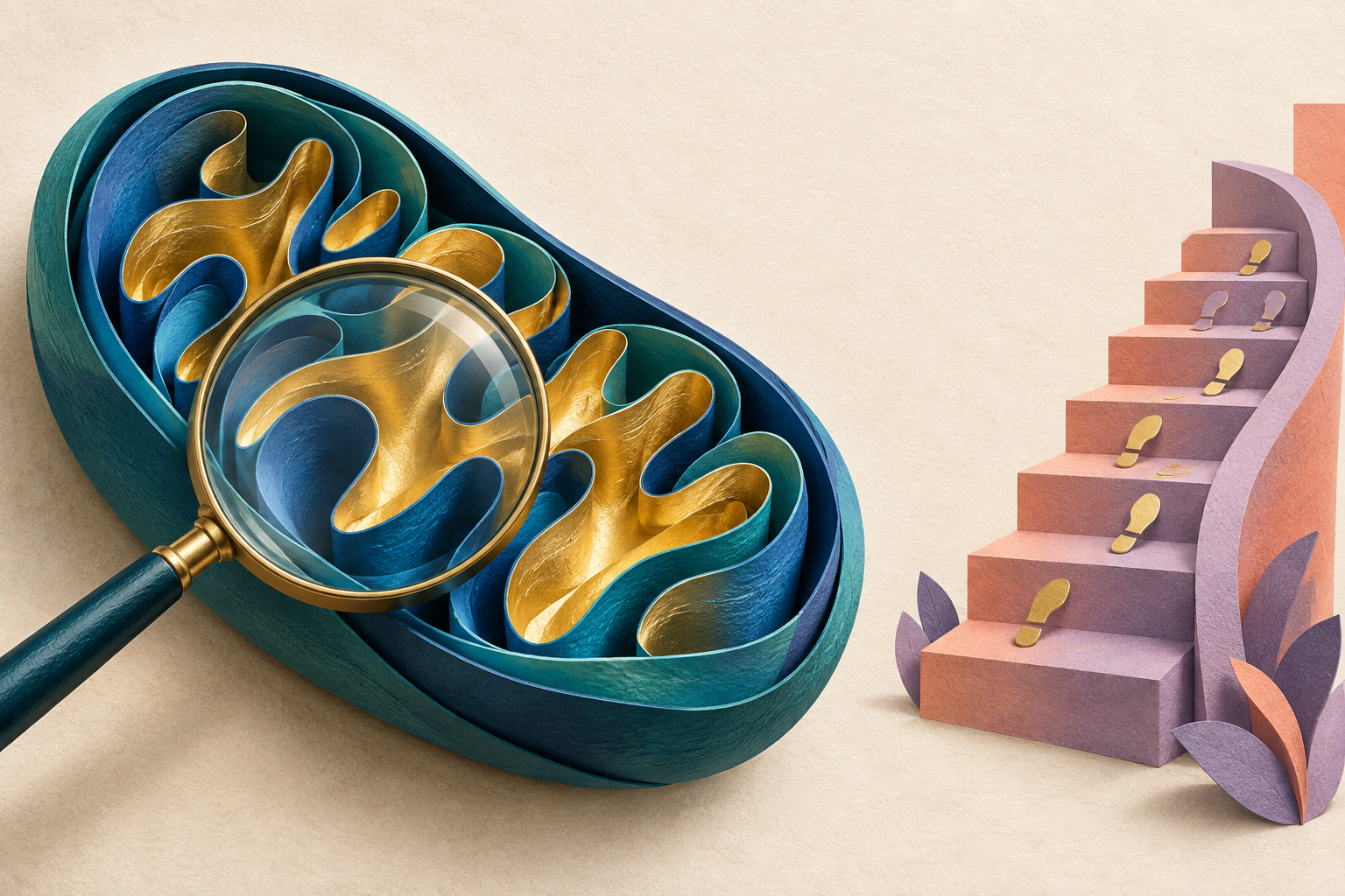 Colorful conceptual illustration of mitochondrial research and pathways, not a measured cellular response.