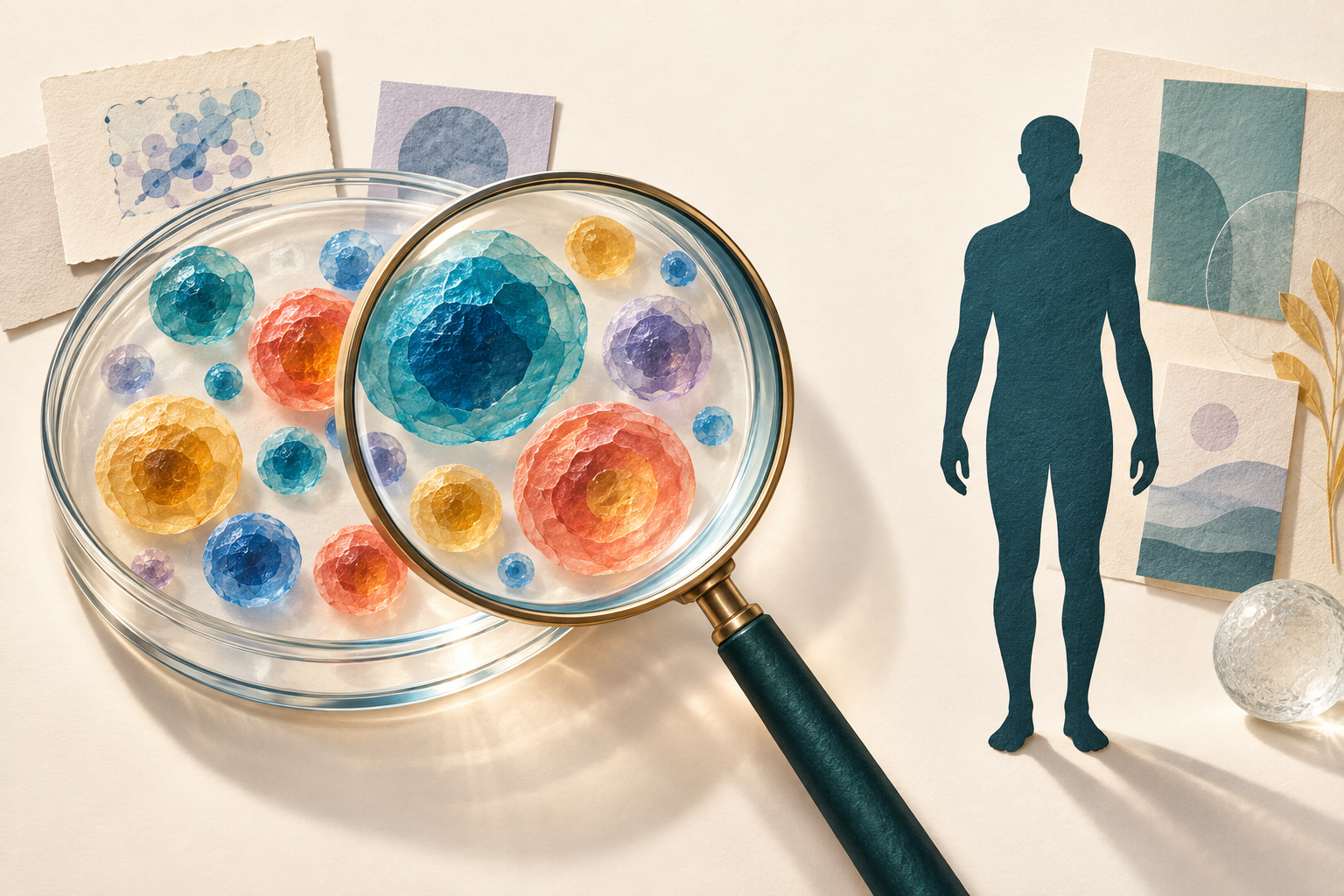 Colorful conceptual illustration of experimental cell research, not IGF-1 DES clinical evidence.