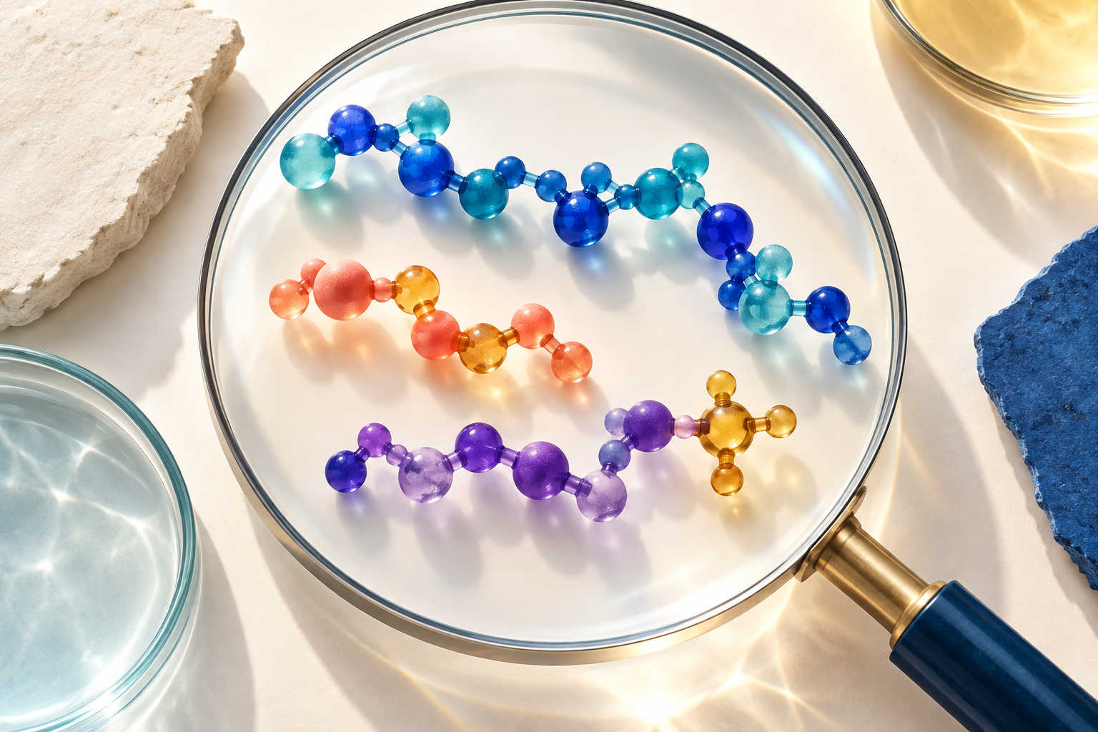 Colorful conceptual illustration of molecular identity, not an Ovagen structure or assay.
